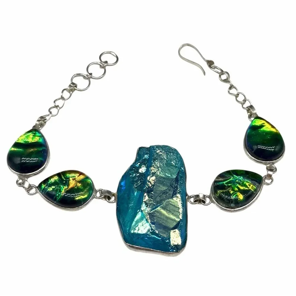 Titanium Quartz & Dichroic Glass Bracelet 925 Sterling Silver Overlay Blue Green